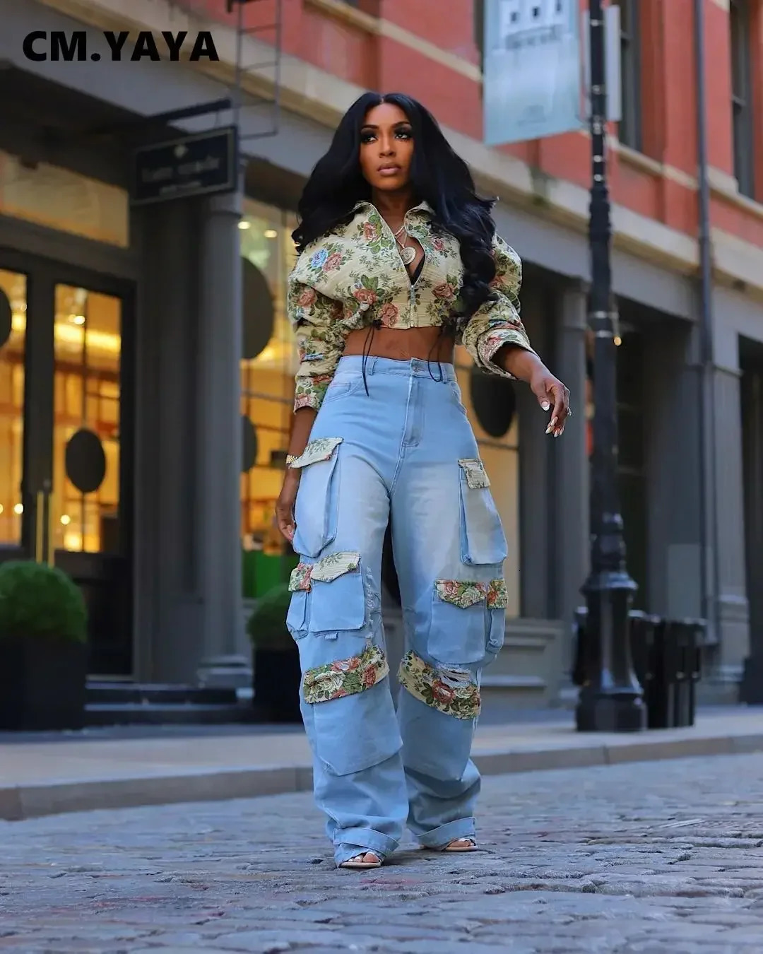 CM.YAYA Washed Denim Womens Set Full Sleeve Floral Jacket and Pockets Cargo Jeans Pants Suit Street Two 2 Piece Set Outfit 250109