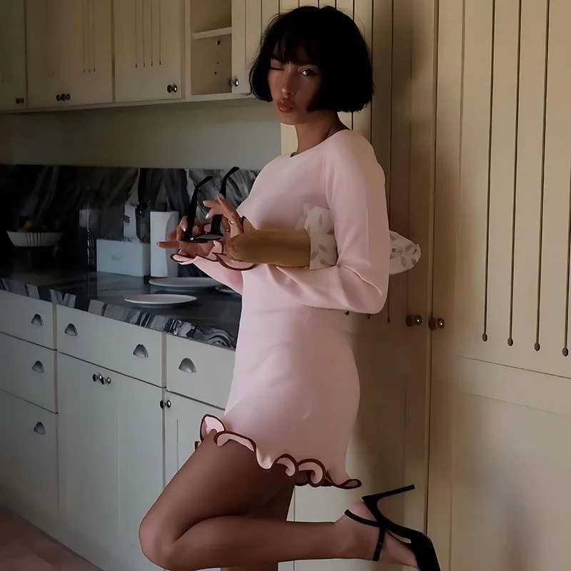 New Womens Dresses Ele Round Neck Pleat Long Sve Casual Slim Pink Sexy Black Short Dresses Lady Street Chic Party DressXJ2500207