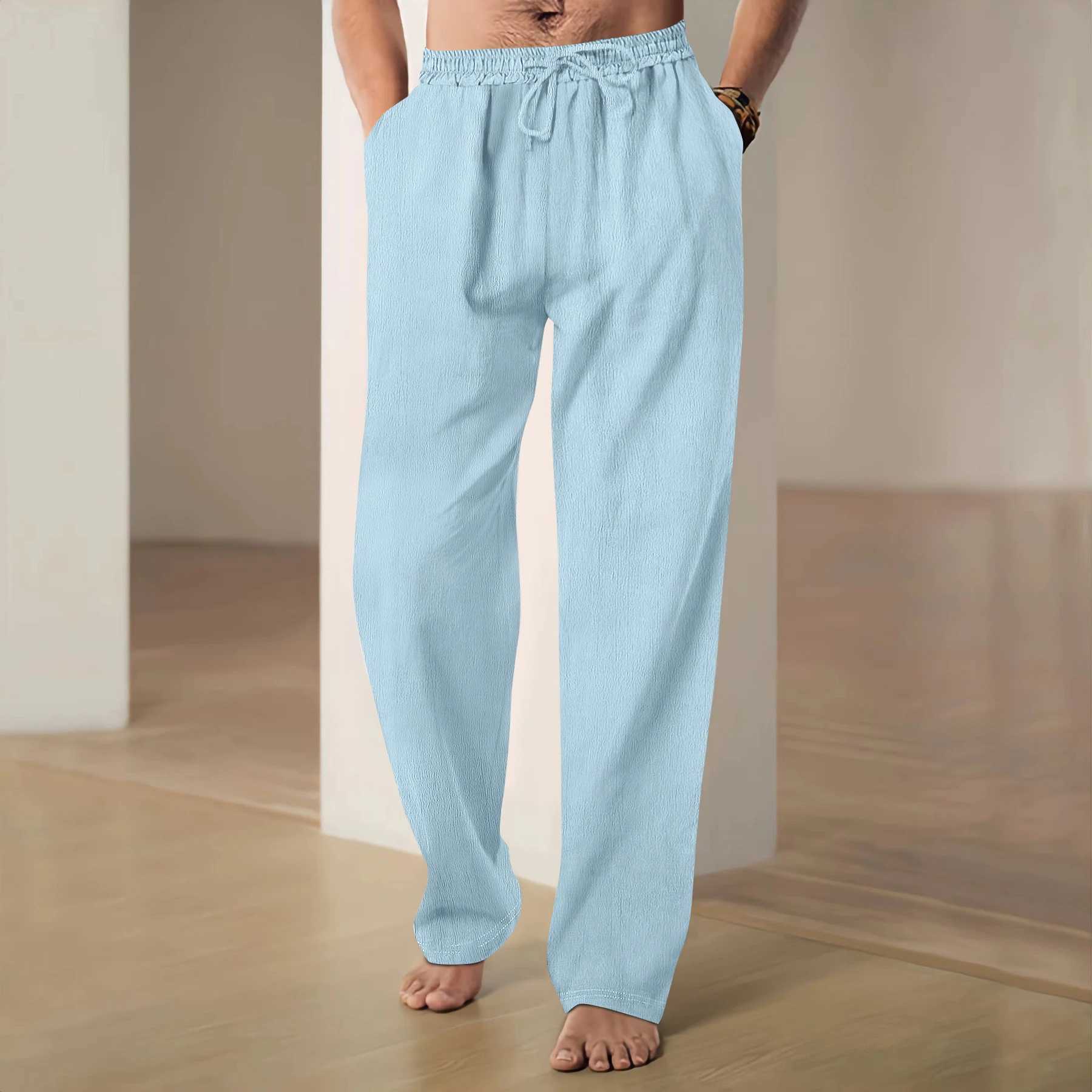 Summer Comfort Mens Pants Cotton And Line Breathable Loose Casual Beach Drawstring Wide Leg Pants Mens Clothing W250115