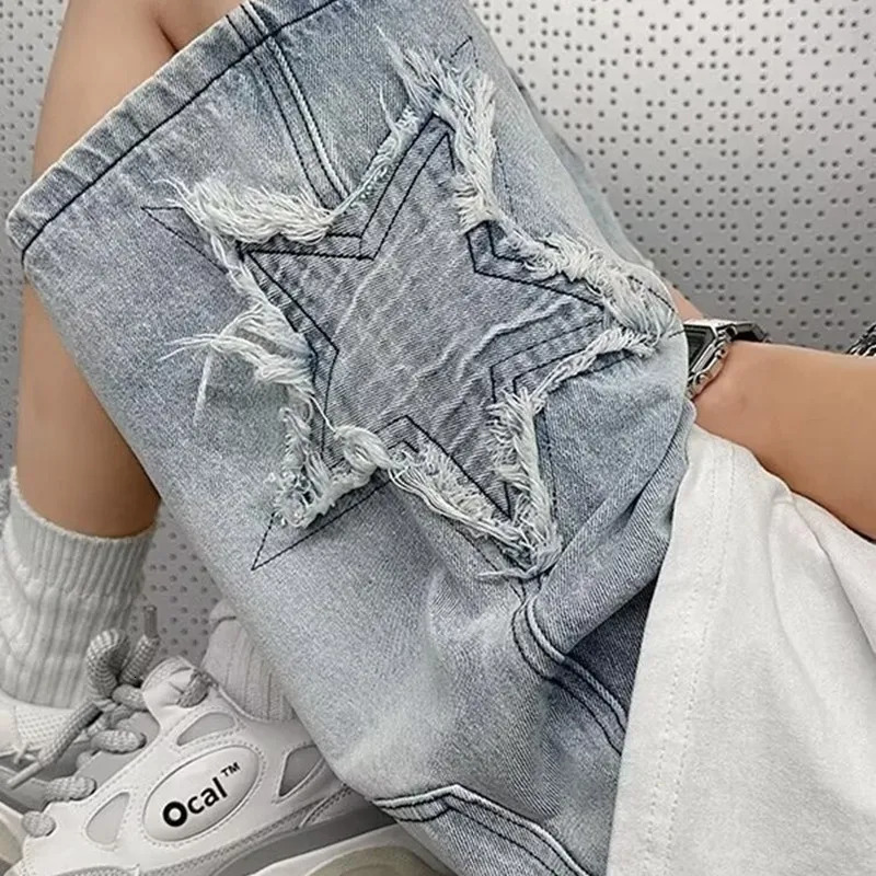 Star Patchwork Yellow Clay Color Jeans Summer Men Denim Shorts Trendy Streetwear Fivepoint Pants Straight 250109Z