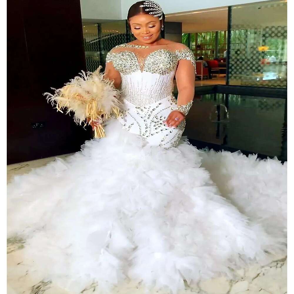 Customized Arabic Aso Ebi Plus Size Mermaid White Wedding Dress For Bride Tiers Tulle Crystals Beaded Bridal Gowns Dresses 6660311