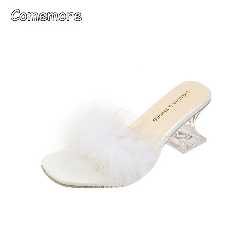 Comemore Women Slippers Summer Fashion Stiletto Sandals Open Toe High Heel Fur Heels for Woman Pink Shoes Sapatos Femininos 250113