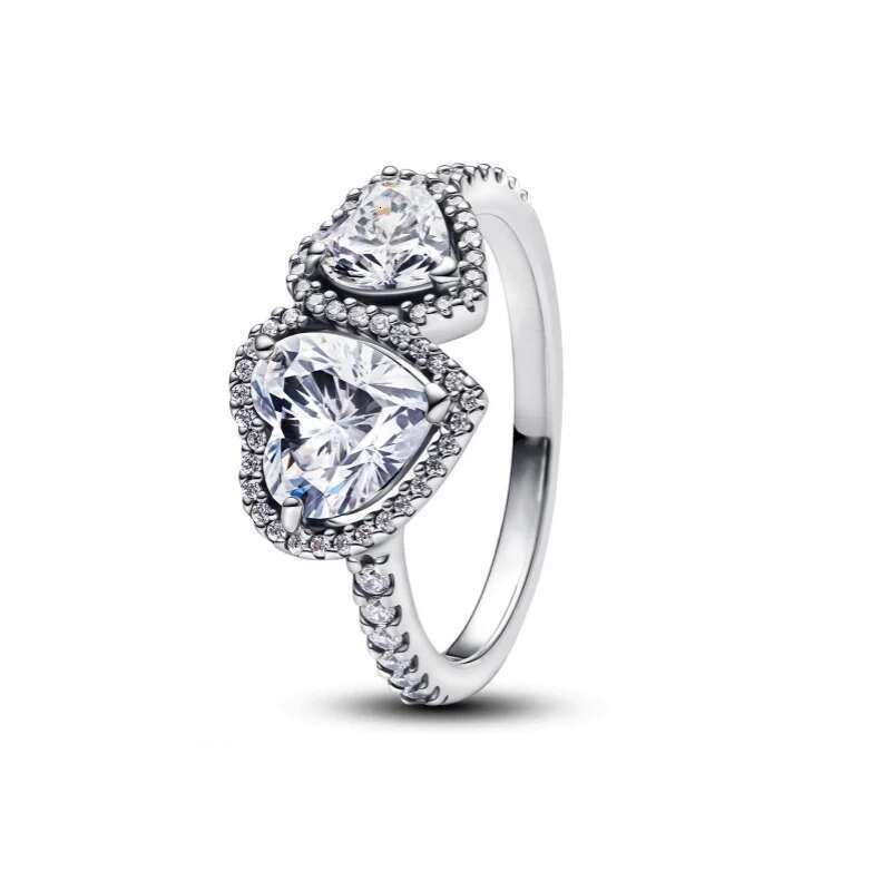 2025 New 925 Sterling Silver Rings For Women Sparkling Double Heart, Pink Bow Ring DIY Fine Jewelry, Wedding,