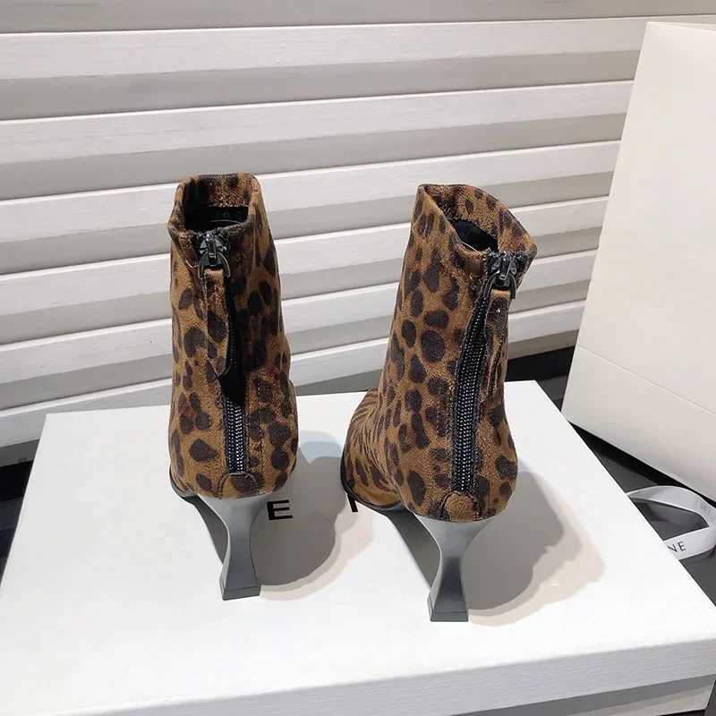 Sexy Pointed Toe Womens Boots Fi Leopard Thin High Heels Ankle Boots Women Flock Party Shoes Back Zip Modern Short BotasXJ250115