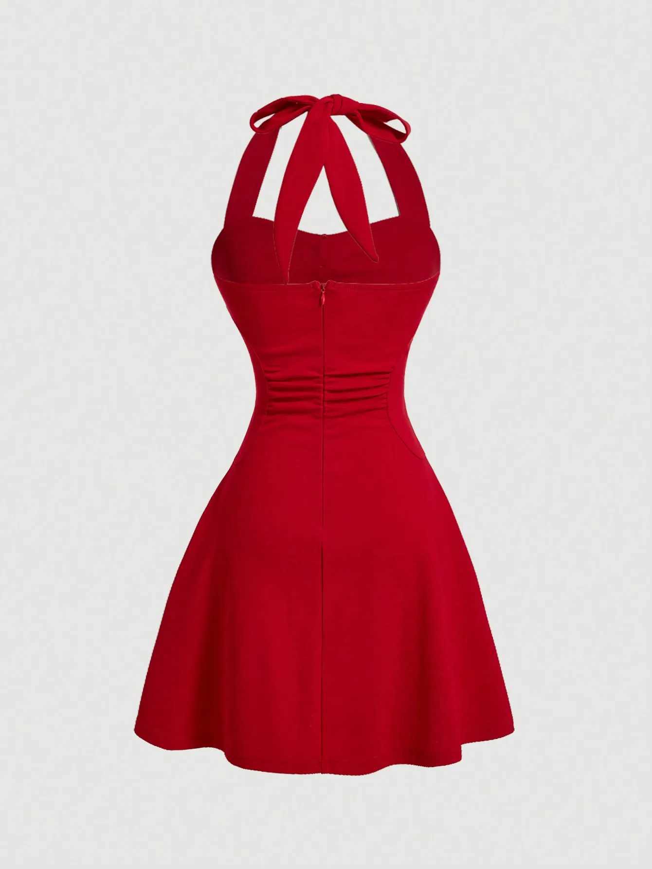 Red Bow Halter Dress Fe New Autumn Spice Girl Pleated Fashion Waist Show Thin Short Skirt TrendXJ250224