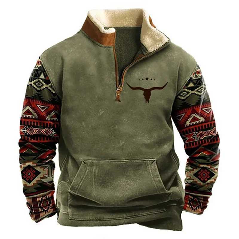 Mens Bullhead Print Half-zip Sweatshirt Autumn and Winter Warmth Hoodie Casual Trendy Long Sleeve Pullover As Gift W250114