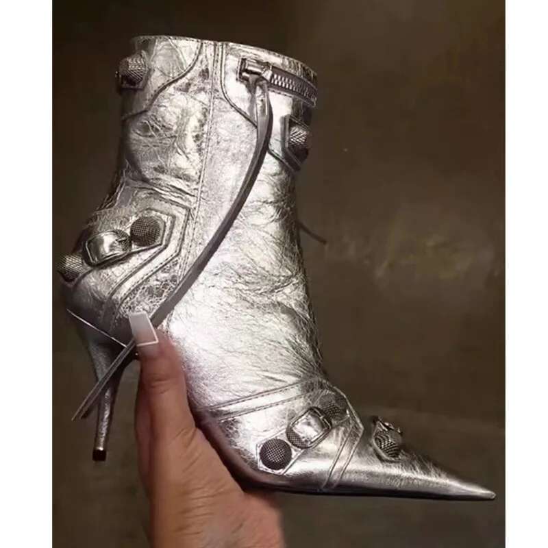 Sexy Gold Sliver Ankle New Metal Buckle Rivet High Thin Heels Pointed Toe Tassels Zipper Short Boots For Women