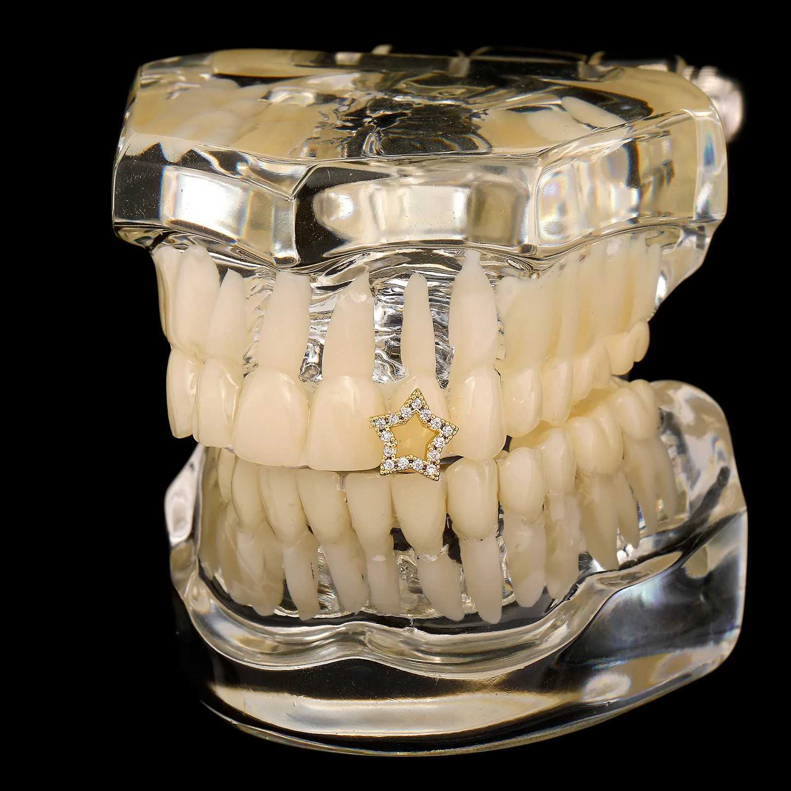 RACHELZ Fashion Single Hollow Star Zircon Teeth Grillz Hip Hop CZ Stone Tooth Caps For Women Men Body Jewelry Dental GrillsXJ250114