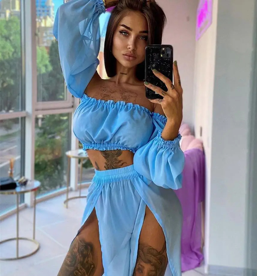 8 colors sexy summer womens clothing set solid color shoulder long sleeved top covering skiing 2-piece set holiday beach set 250109