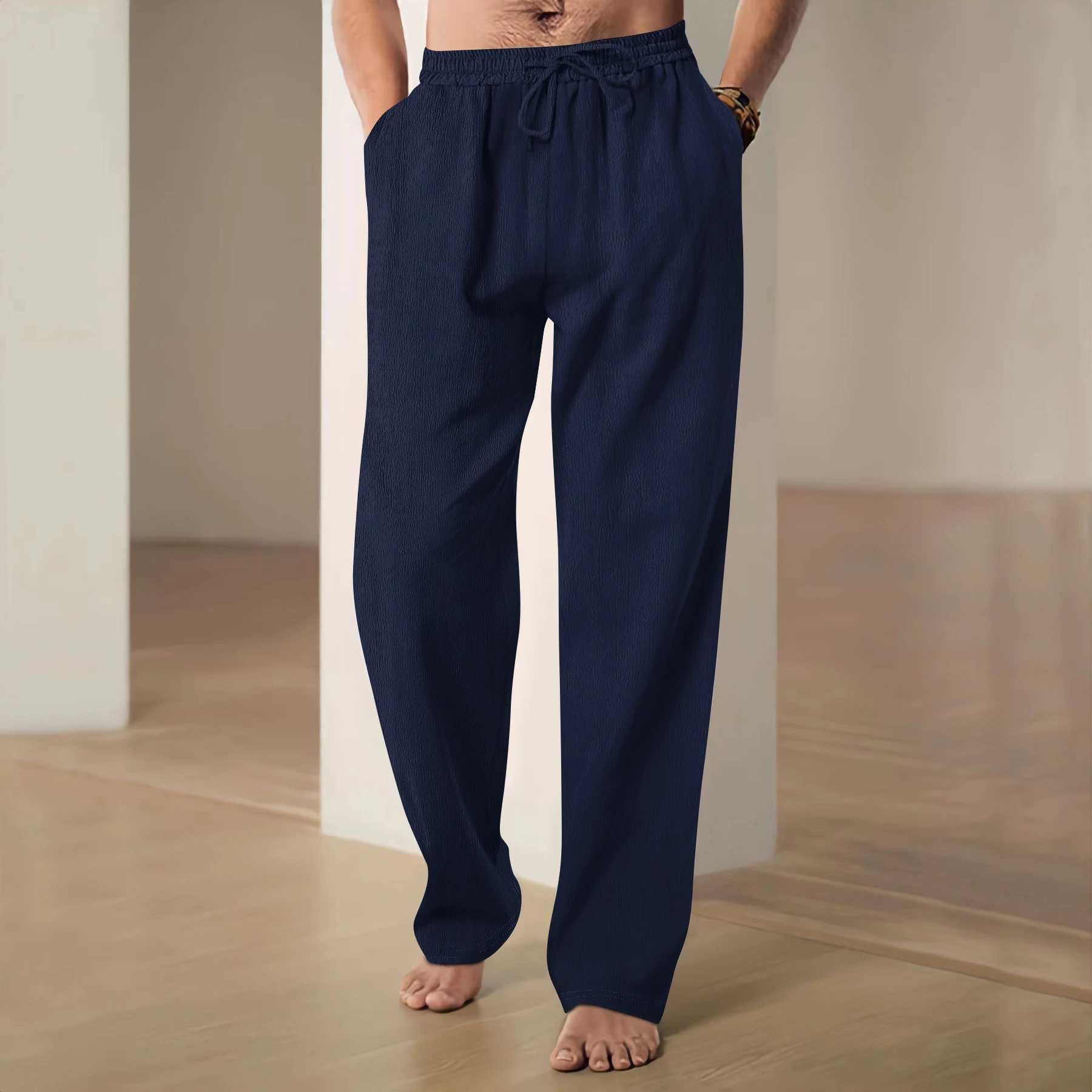 Summer Comfort Mens Pants Cotton And Line Breathable Loose Casual Beach Drawstring Wide Leg Pants Mens Clothing W250115