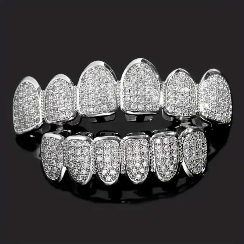 HipHop CZ Tooth Set suitable for unisex top bottom mouth gold silver tooth cap detachable teeth fashion jewelryXJ250412