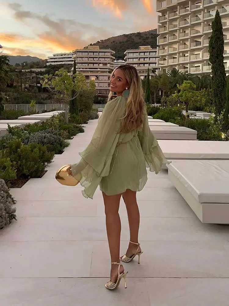 Ele Women Green Irregular Ruffles Loose Mini Dress Fashion O Neck Full Sve Short Vestidos Spring Summer Chic Lady DressesXJ250115