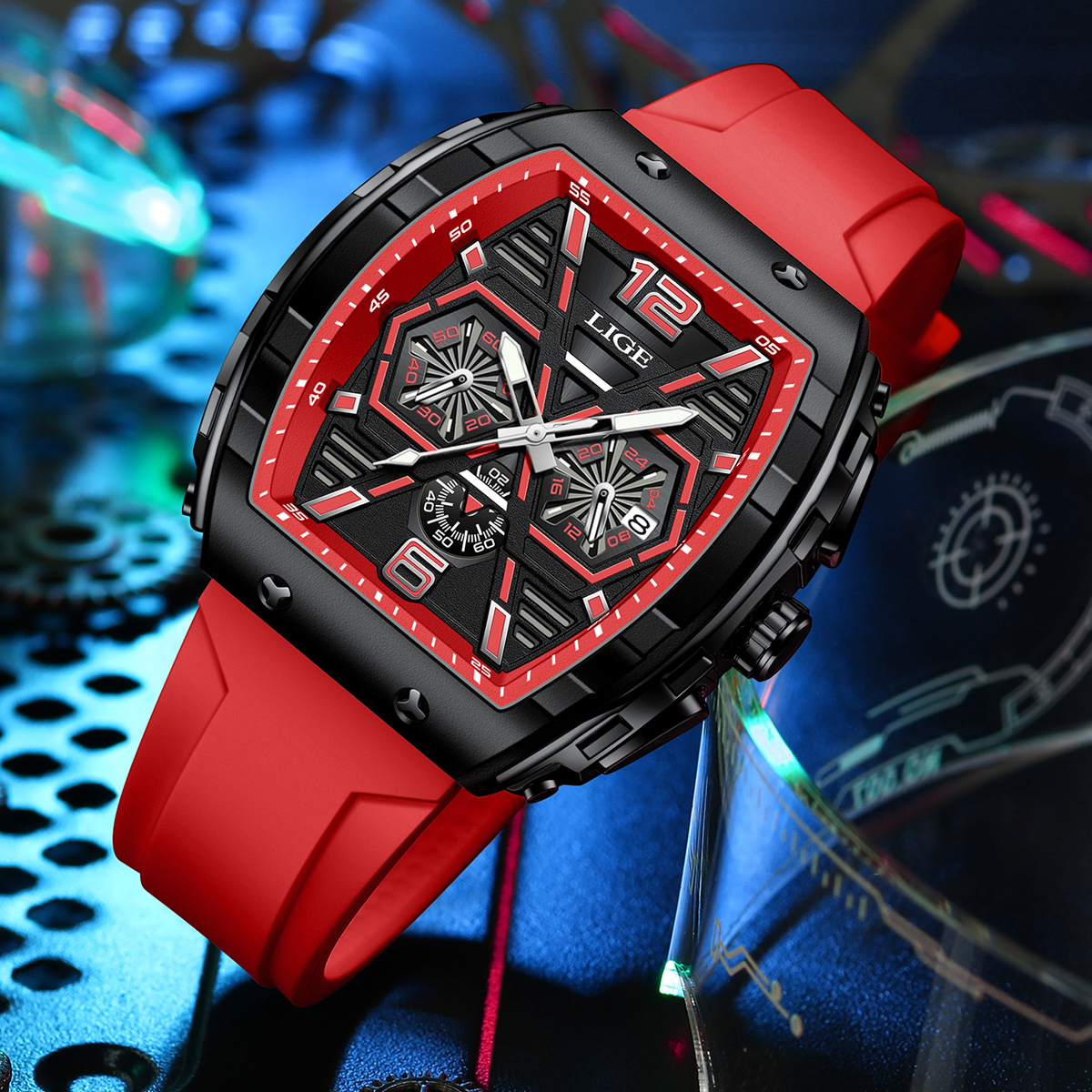 LIGE Men's quartz Watch Classic Business watch lift screen LED glow-in-the dark light wine barrel appearance multi-functional sports watch