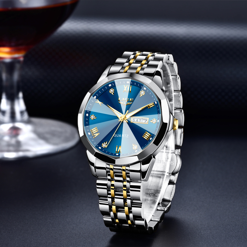 LIGE Men's Quartz Watch Classic Business Watch Double Calendar Three Pin Watch Stainless Steel strap Teen Watch Student Watch Quarzuhr