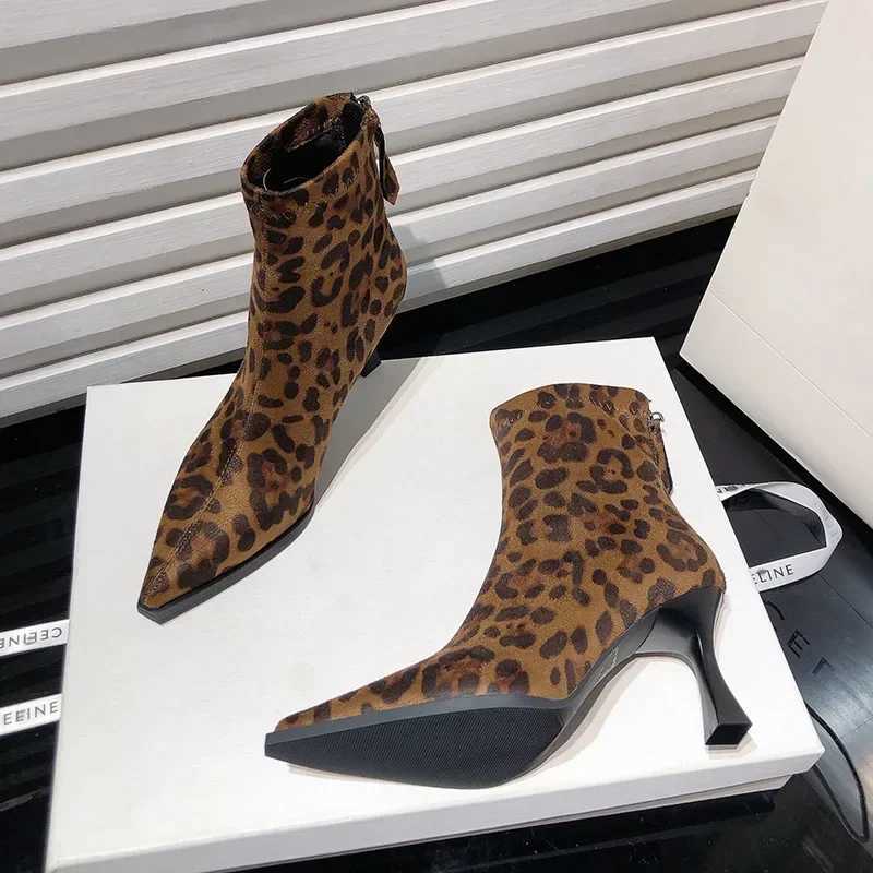Sexy Pointed Toe Womens Boots Fi Leopard Thin High Heels Ankle Boots Women Flock Party Shoes Back Zip Modern Short BotasXJ250115