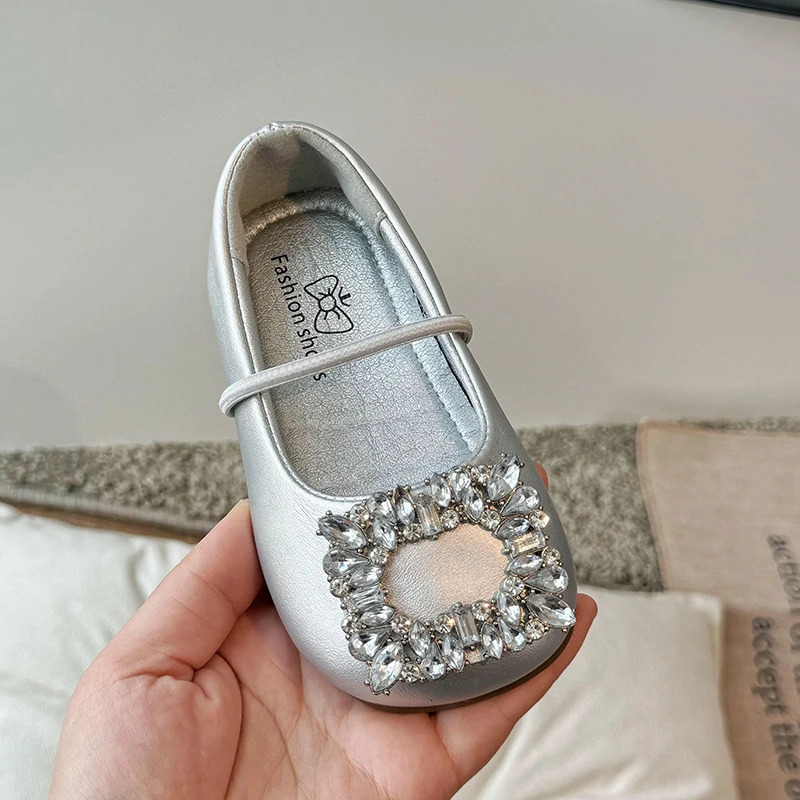 2-14Y Loafer Shoes for Girls Child Ballerina Flats Kids Diamond Mary Janes Party Dress Shoes Princess Elegant Shoes Black Silver 250109