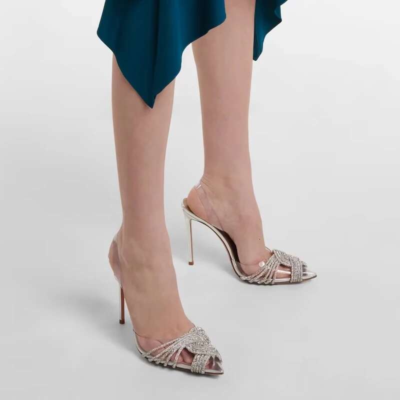 New Summer Women's High Heel Pointed Transparent Rhies Cap Toe Sexy Fashion One-strap Sandals