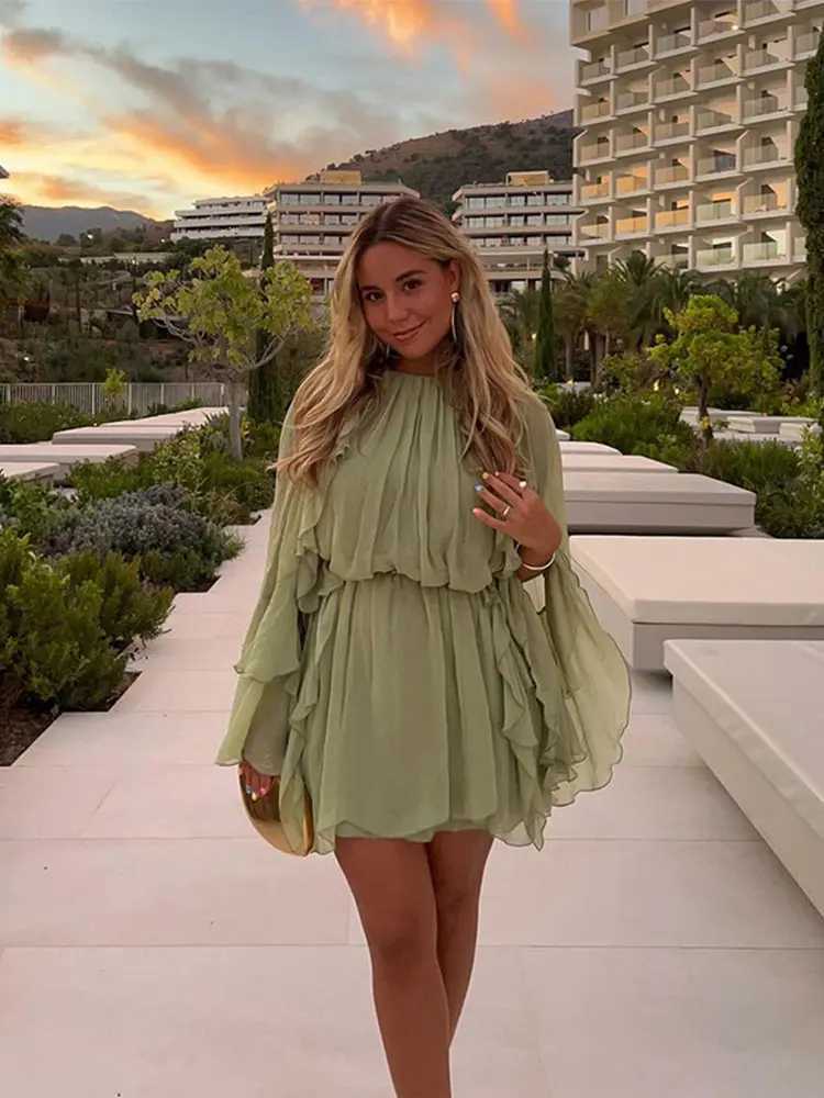 Ele Women Green Irregular Ruffles Loose Mini Dress Fashion O Neck Full Sve Short Vestidos Spring Summer Chic Lady DressesXJ250115