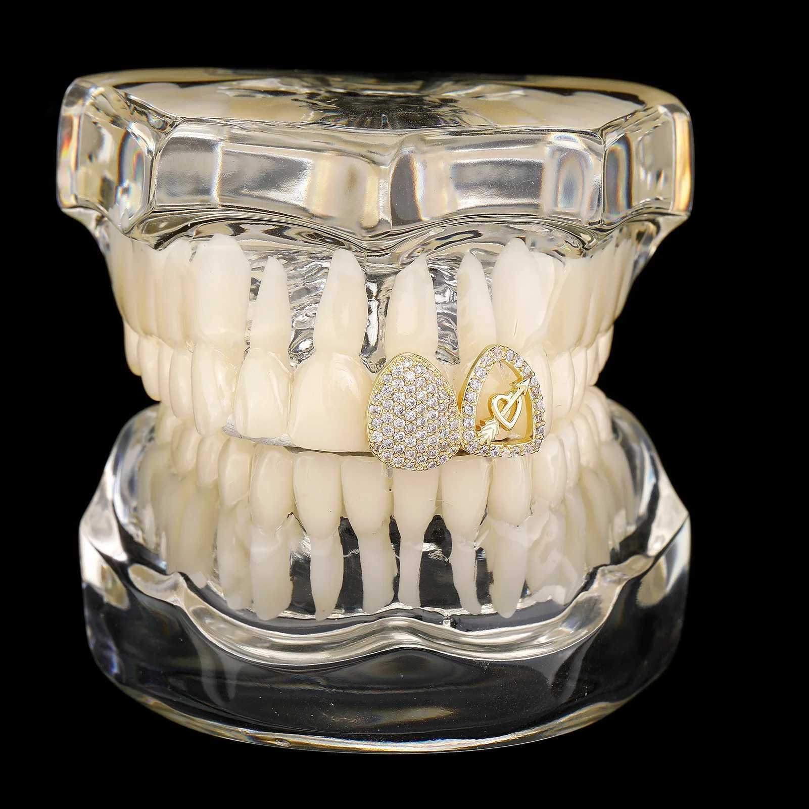Rachelz Fashion Double Hollow CZ Stone Heart Grillz Hip Hop 14K Gold Plated Cubic Zircon Tooth CapXJ250412