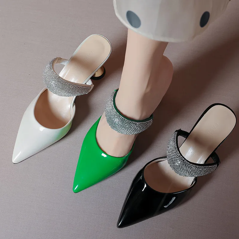 Summer Temperament Mules Slippers Fashion Pointed Toe Thick High Heels Single Sexy Rhie Slip on Half Slipper Shoes