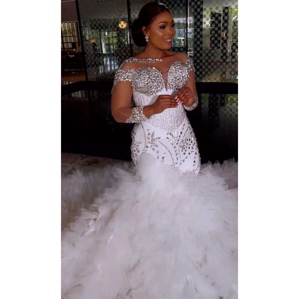Customized Arabic Aso Ebi Plus Size Mermaid White Wedding Dress For Bride Tiers Tulle Crystals Beaded Bridal Gowns Dresses 6660311