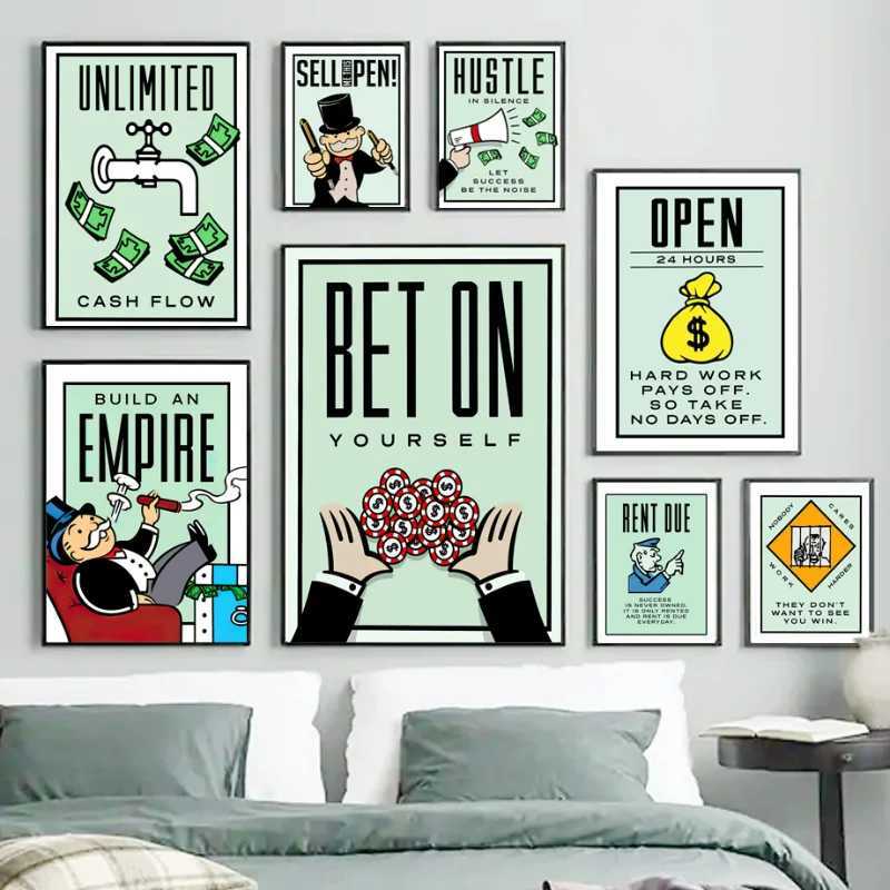 Paintings Monopoly Millionaire Dollar Money Poster Cartoon Figure Motivational Quote Canvas Painting Room Wall Art Picture For Home Decor H250115