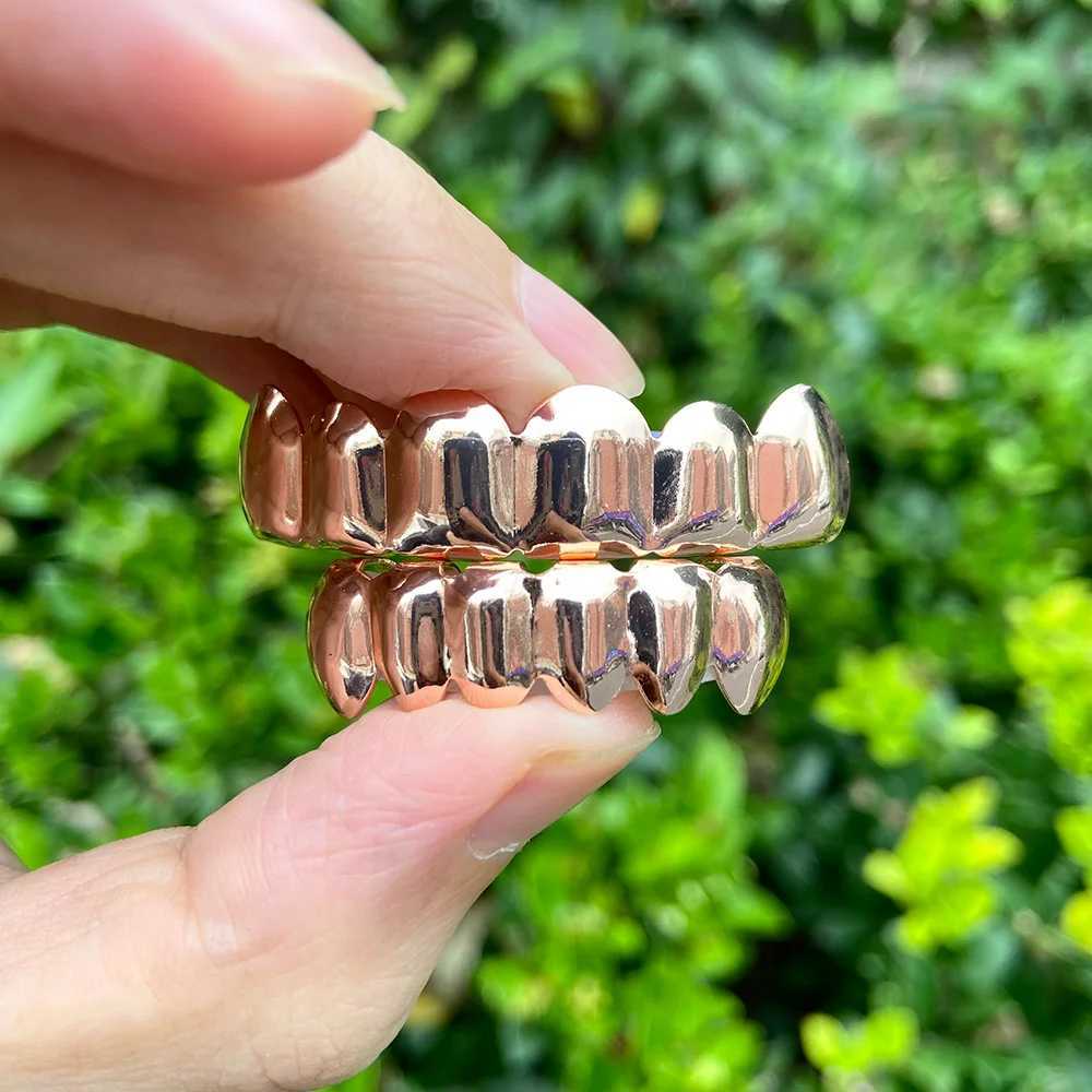 YONGX Classic 6/6 Glossy Teeth Grilz Hip Hop 14K Gold Plated Tooth Cap Suitable for Womens Body Jewelry Role PlayingXJ250412