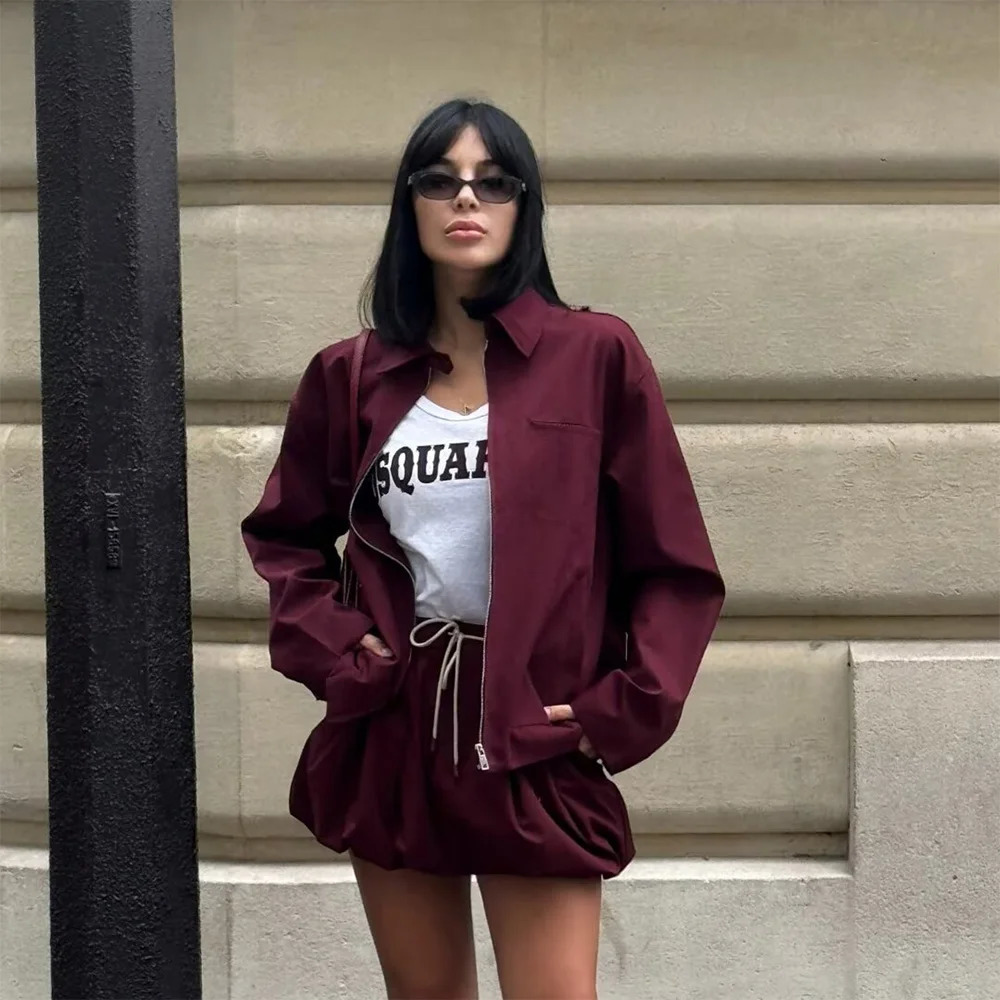 UNIZERA 2024 Autumn Product Fashion Casual Womens Zipper Pocket Decoration Jacket Coat Lantern Mini Skirt Set 250109