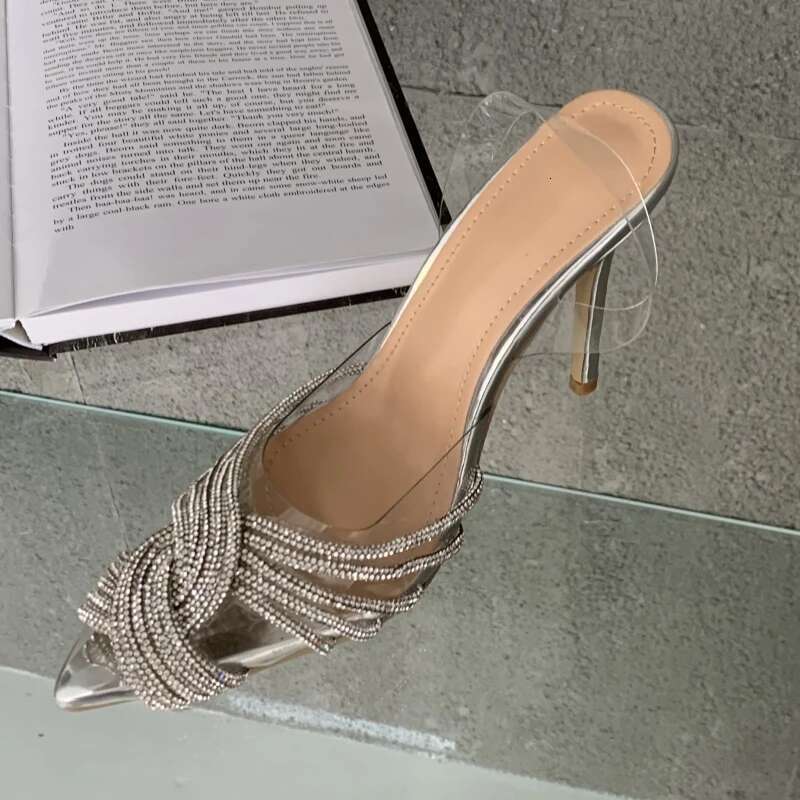 New Summer Women's High Heel Pointed Transparent Rhies Cap Toe Sexy Fashion One-strap Sandals
