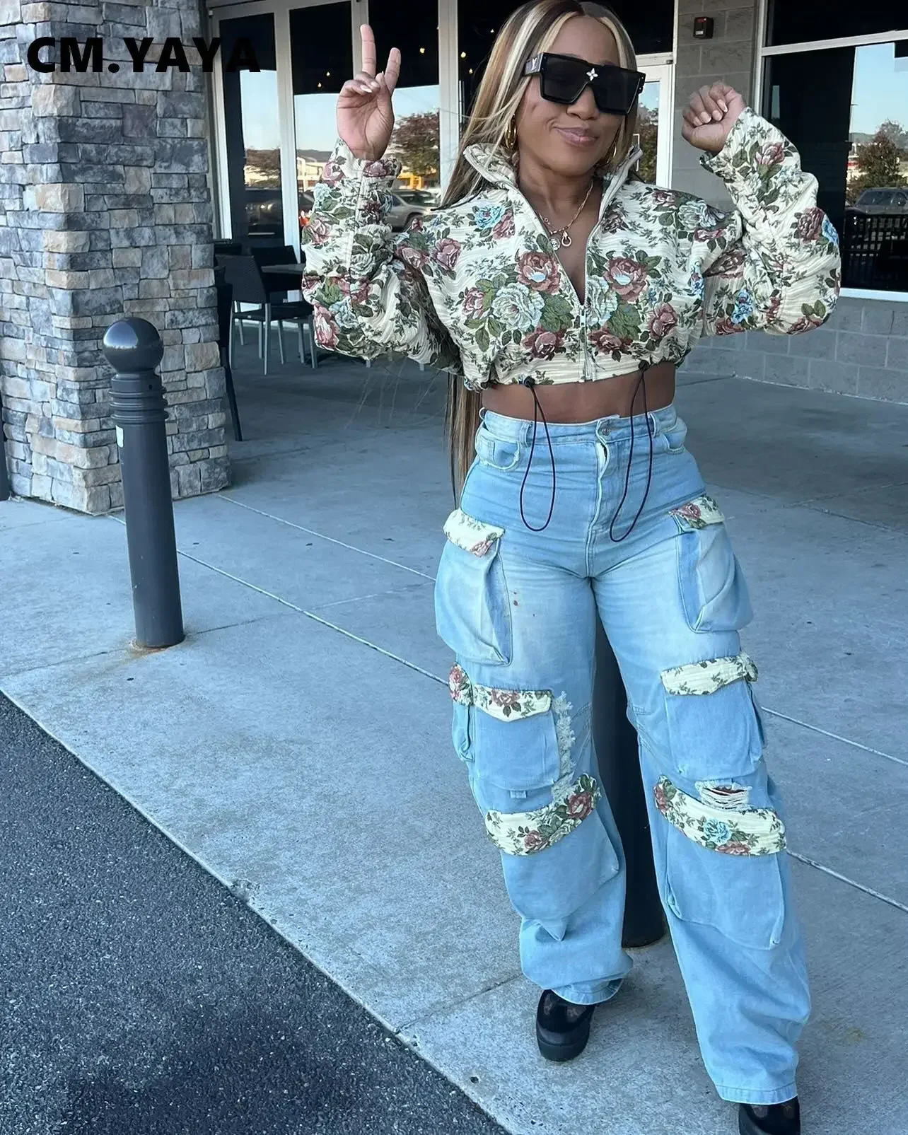 CM.YAYA Washed Denim Womens Set Full Sleeve Floral Jacket and Pockets Cargo Jeans Pants Suit Street Two 2 Piece Set Outfit 250109