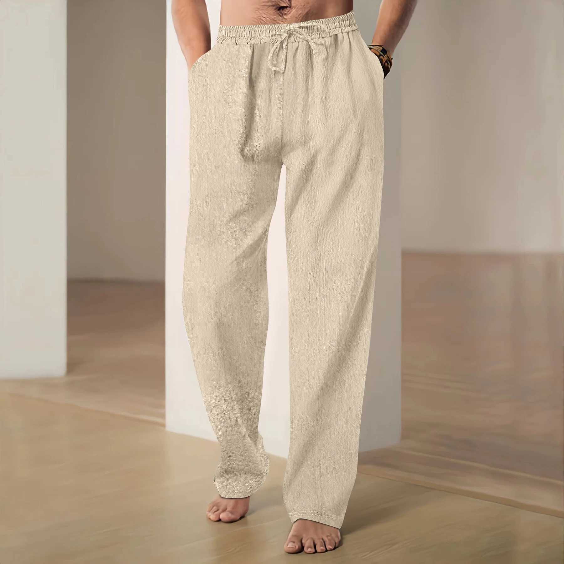 Summer Comfort Mens Pants Cotton And Line Breathable Loose Casual Beach Drawstring Wide Leg Pants Mens Clothing W250115
