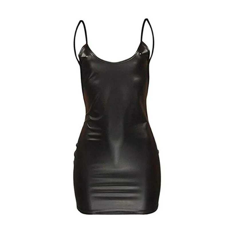 Sexy Faux Leather Dress Backless Club Party Short Dress Solid Black Wet Look Latex Bodycon Push Up Bra Mini Micro DressXJ250224
