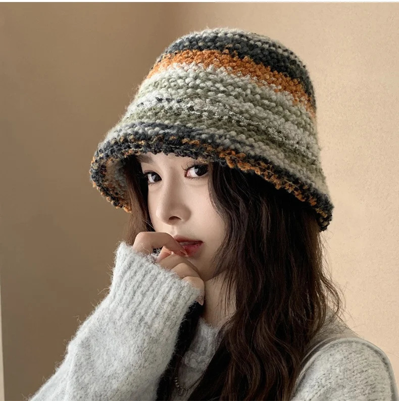 Colourful Knitted Hat Women Korea Autumn Winter Warm Dopamine Warm Fishermans Hat Star Model Thickened Bucket Hat 250115bj