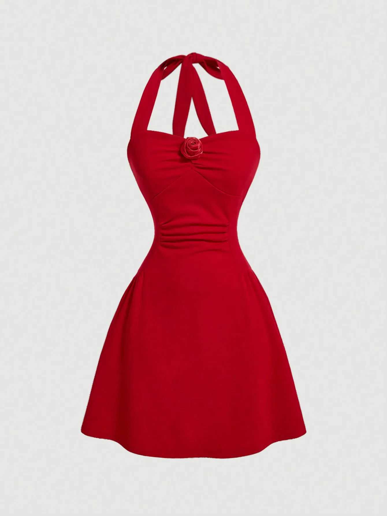 Red Bow Halter Dress Fe New Autumn Spice Girl Pleated Fashion Waist Show Thin Short Skirt TrendXJ250224