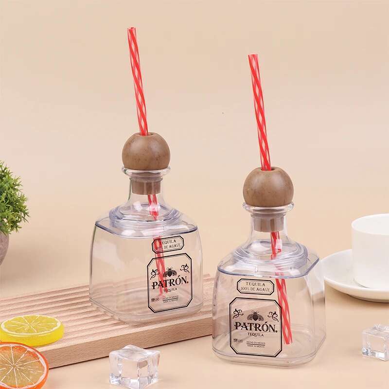375Ml Acrylic Reusable Cups With Straw Hole Mini Patron Tequila Bottles Empty For Drinking