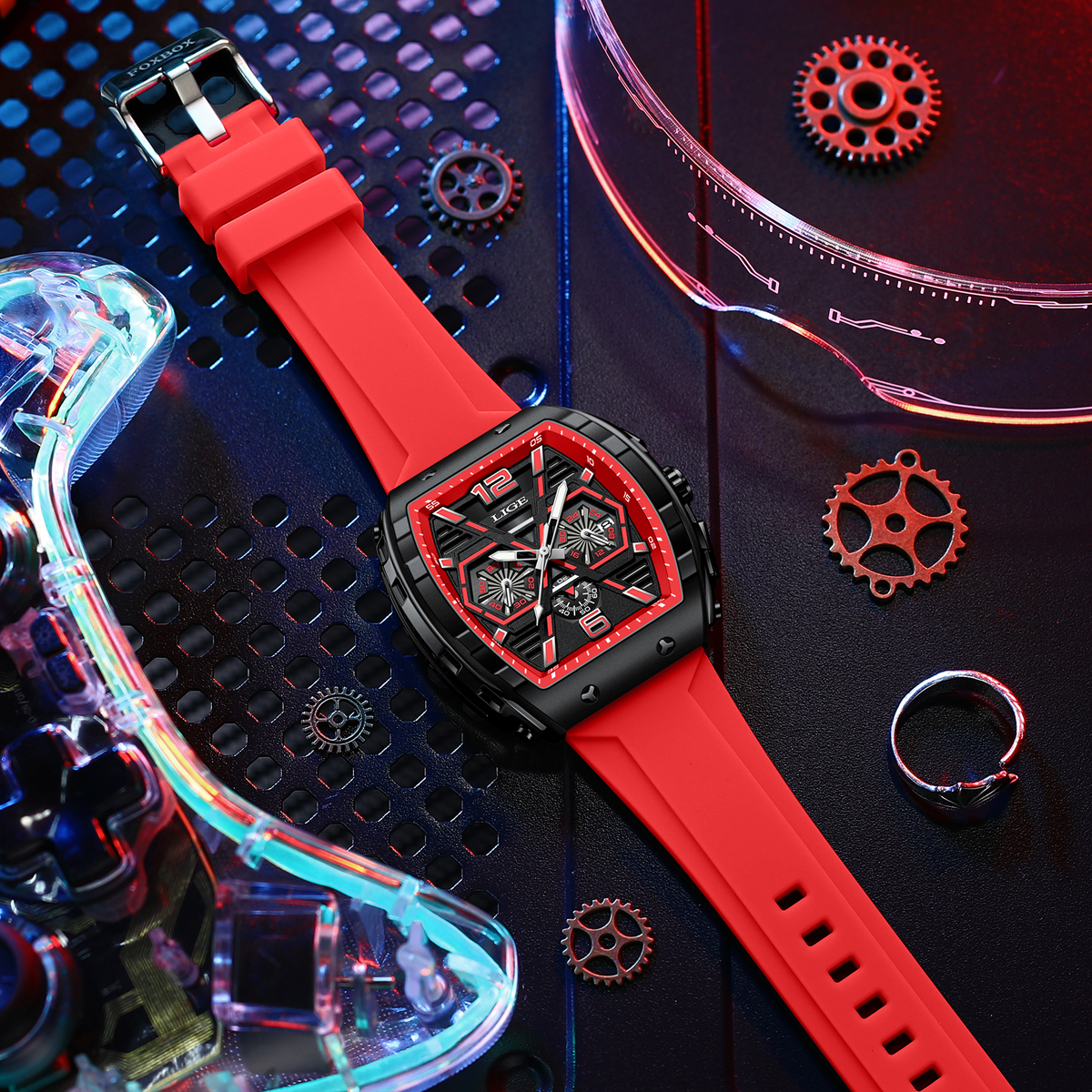 LIGE Men's quartz Watch Classic Business watch lift screen LED glow-in-the dark light wine barrel appearance multi-functional sports watch
