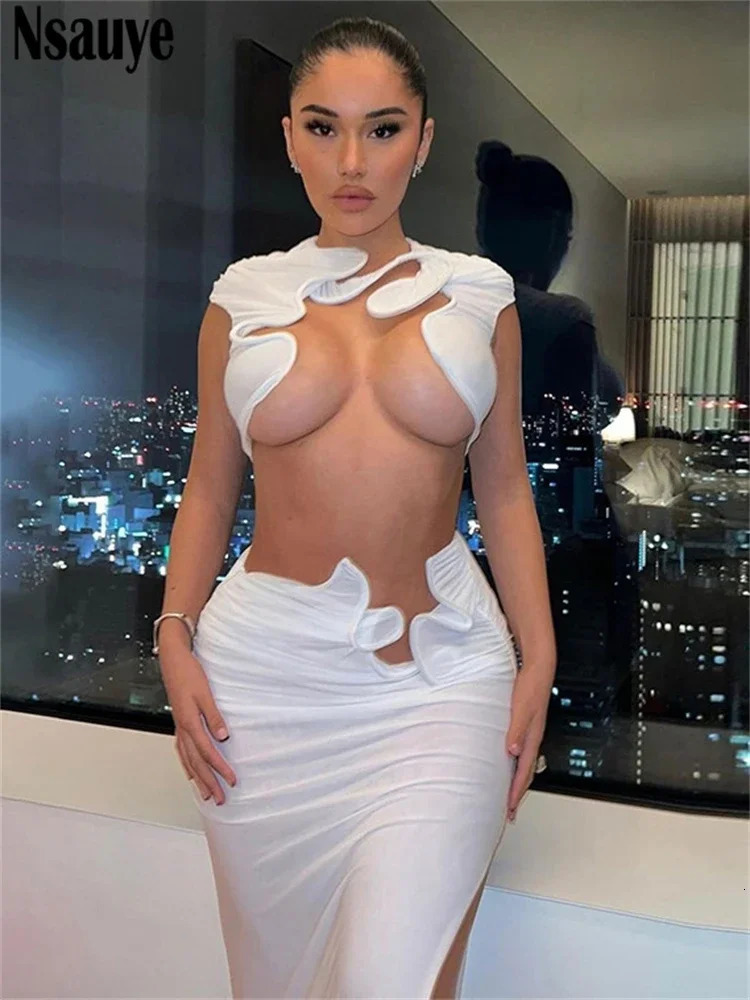 Nsauye Sexy Fashion Women Y2K Hollow Out Club Vest Tops Long Ruched Elegant Dress Skirt Two Piece Set Summer Outfits 250113