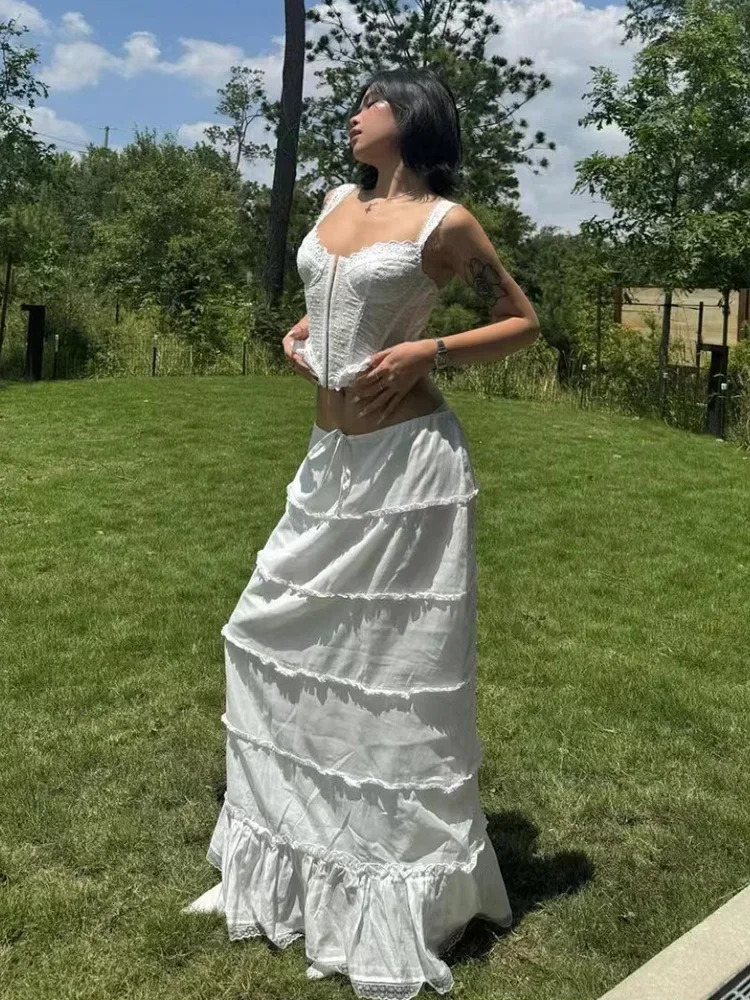Chicheca White Lace Ski Set Womens Summer Spring 2025 Set 2-piece Matching Set Beach Boho Midi Vestidos Embroidery 250109