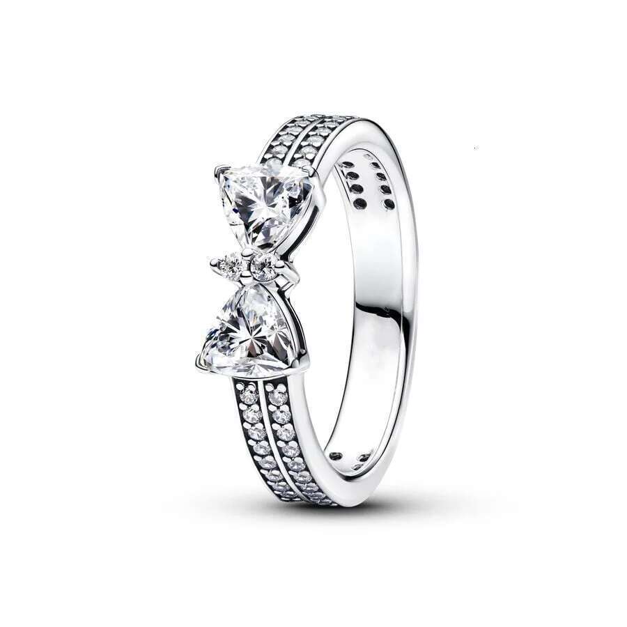 2025 New 925 Sterling Silver Rings For Women Sparkling Double Heart, Pink Bow Ring DIY Fine Jewelry, Wedding,