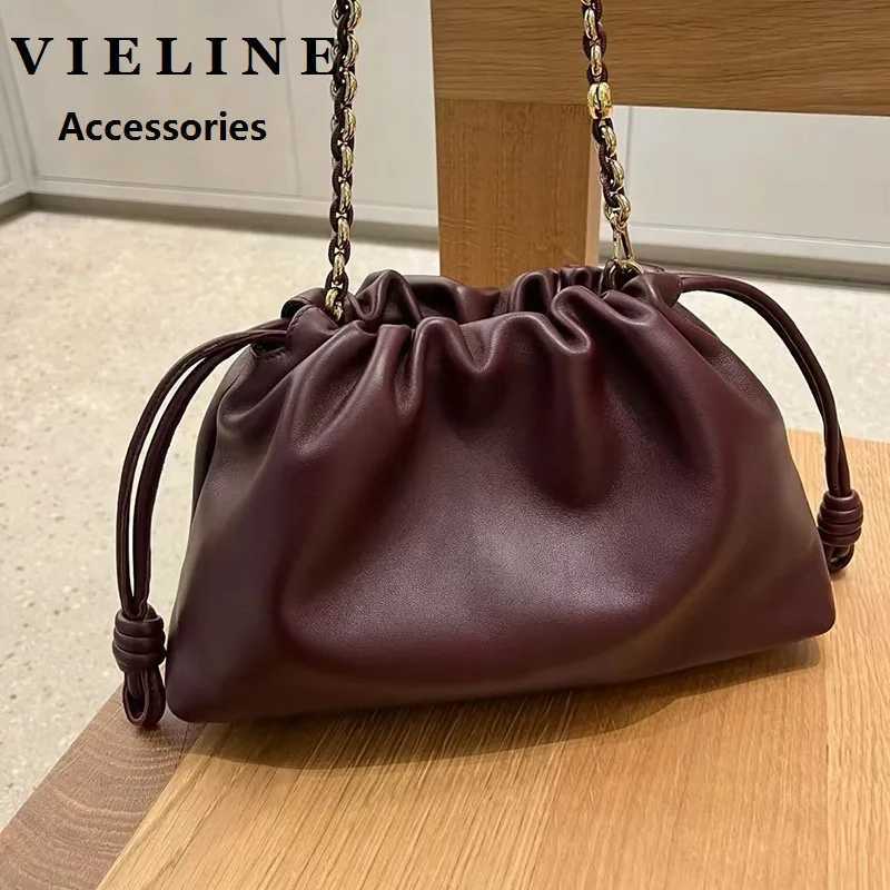 VIELINE New Womens Drawstring Cloud Bag Blessing Bag Hobos Bag Real Leather One Shoulder Crossbody Bag Casual Bucket Bag Z250516