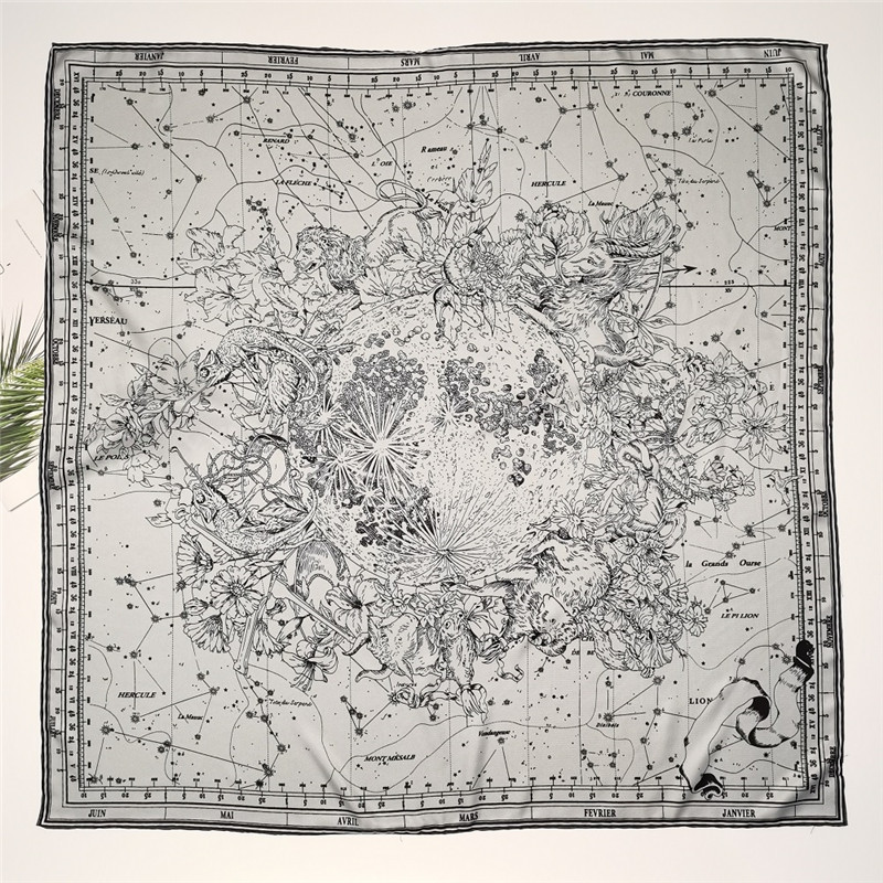 90cm New Style Hand-curled Silk Scarf for Women Twill Square Leopard Print Chain Stitching Printed Shawl Handkerchief