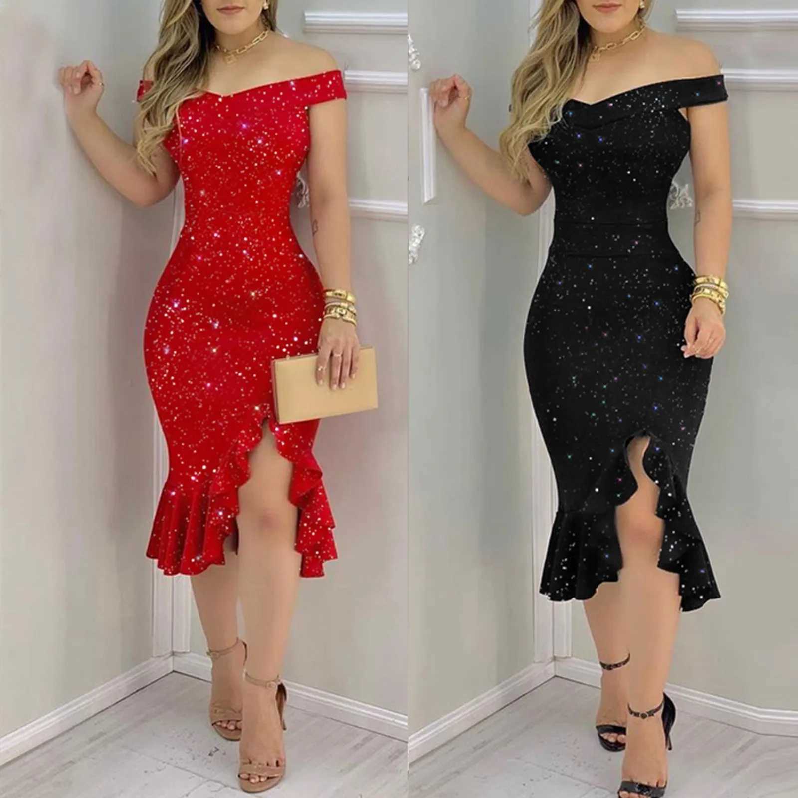 Womens Dress Sexy Summer Off Shoulder Short Sve Sequin Ruffle Irregular Dresses Chiffon DressXJ2500207