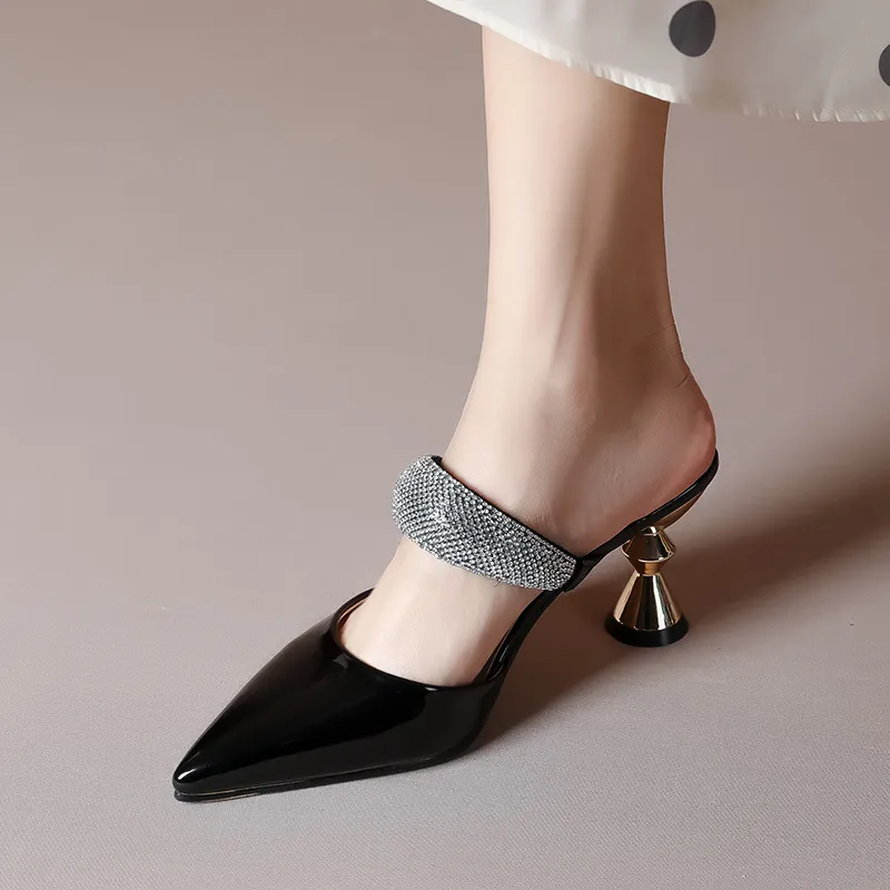 Summer Temperament Mules Slippers Fashion Pointed Toe Thick High Heels Single Sexy Rhie Slip on Half Slipper Shoes