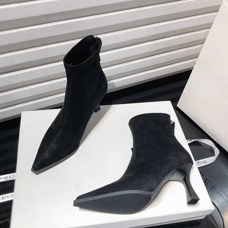 Sexy Pointed Toe Womens Boots Fi Leopard Thin High Heels Ankle Boots Women Flock Party Shoes Back Zip Modern Short BotasXJ250115