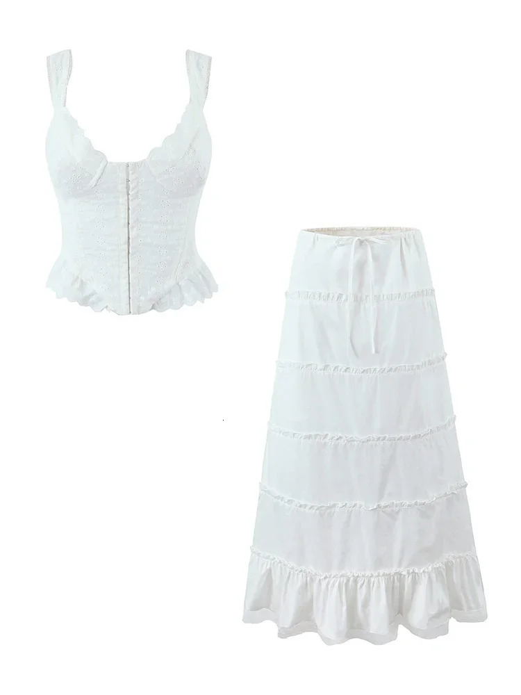 Chicheca White Lace Ski Set Womens Summer Spring 2025 Set 2-piece Matching Set Beach Boho Midi Vestidos Embroidery 250109