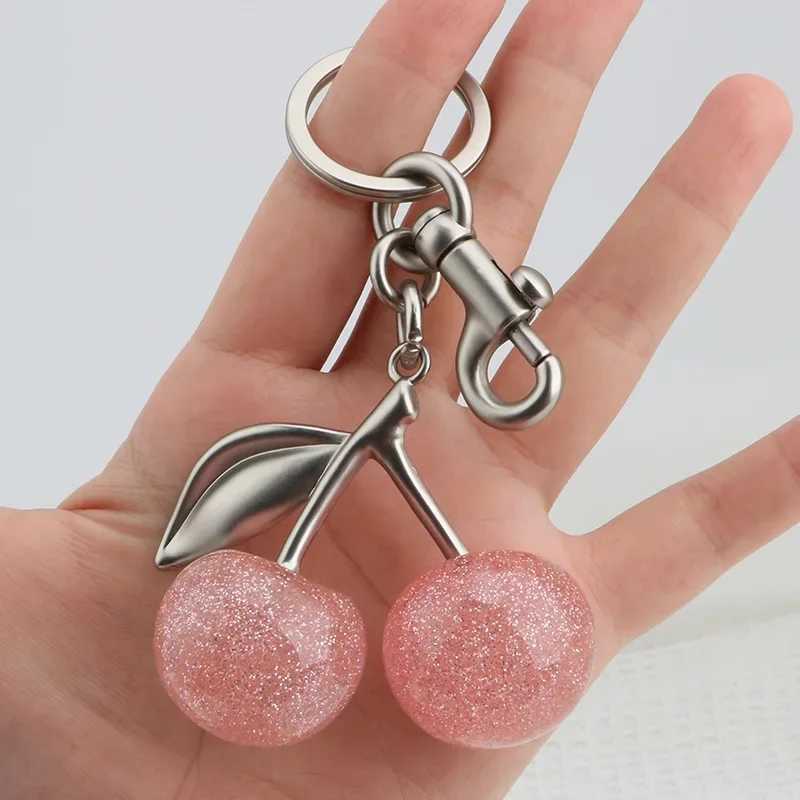 Keychains Lanyards Sparkling Pink Crystal Cherry Charm Keychain For Handbag Shoulder Bag Womens Attachment Part H250115