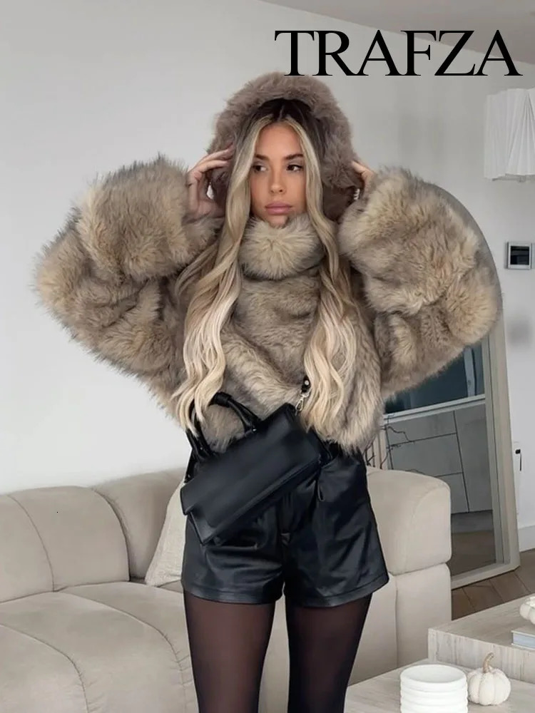 TRAFZA Women Winter Elegant Loose Long Sleeve Casual Coats Woman High Collar Warm Faux Fur Pullover Sweatshirts Streetwear 250107