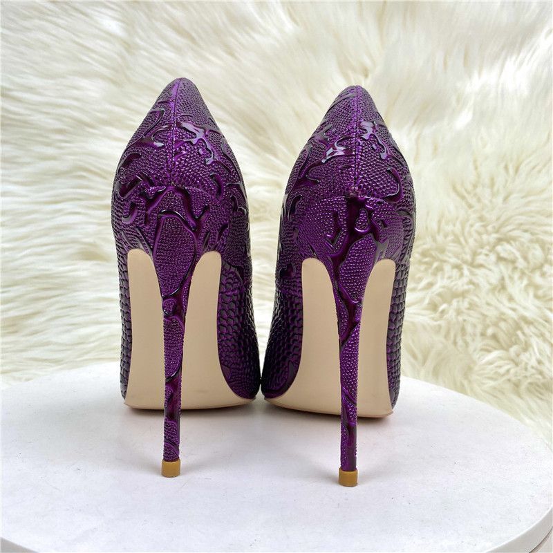 Purple Snake Skin Patterned Socialite High 12Cm Pointed Thin Heels Shallow Mouth Single Soft Leather Women's Shoes