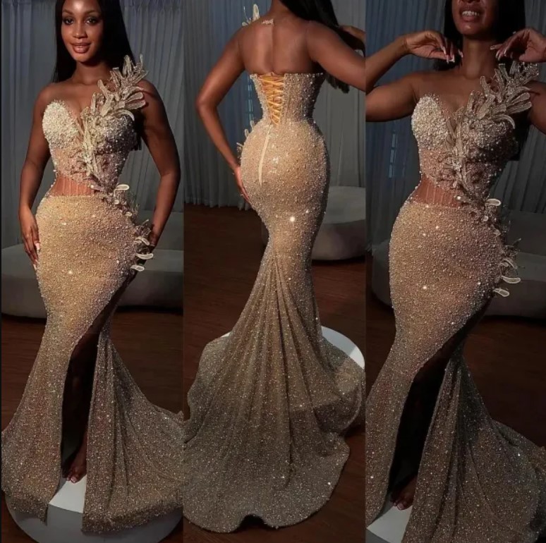 2024 Mermaid Prom Dresses Sparkly Sequins Illusion Bodice Beaded Applique High Split Custom Made Pleats Evening Gown Formal Ocn Wear Vestidos Plus Siz