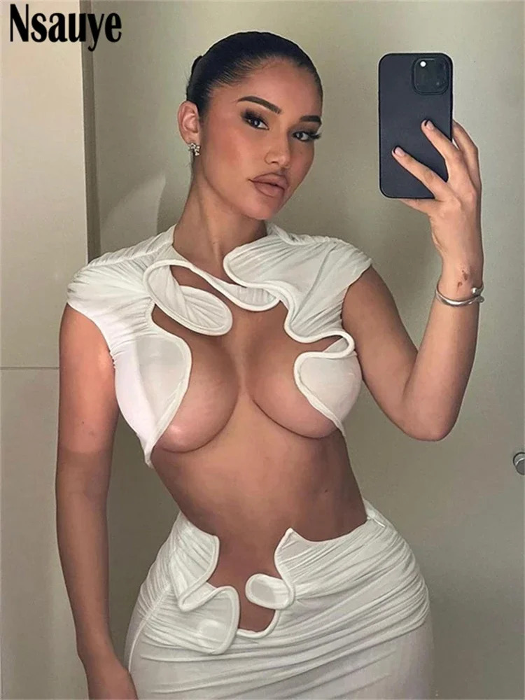 Nsauye Sexy Fashion Women Y2K Hollow Out Club Vest Tops Long Ruched Elegant Dress Skirt Two Piece Set Summer Outfits 250113
